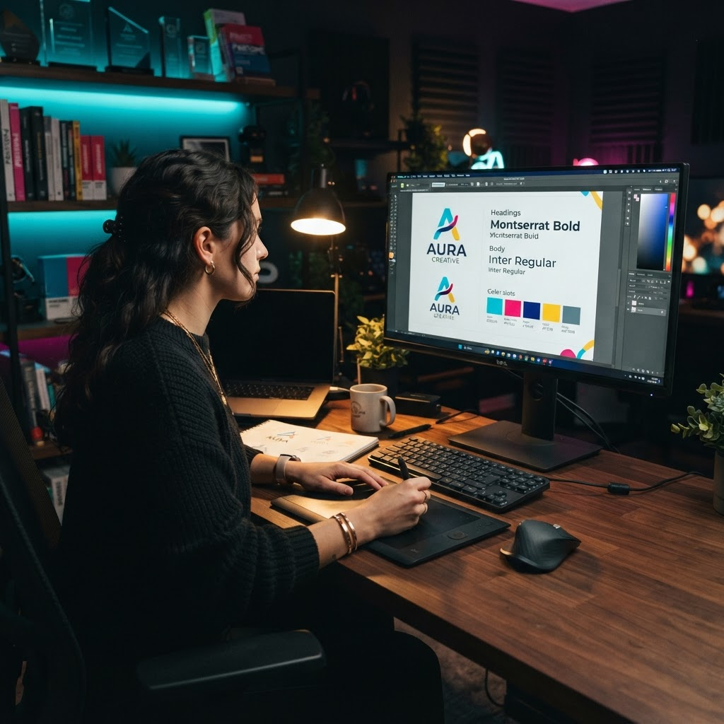 Graphiste concevant une identité visuelle et un logo en studio
